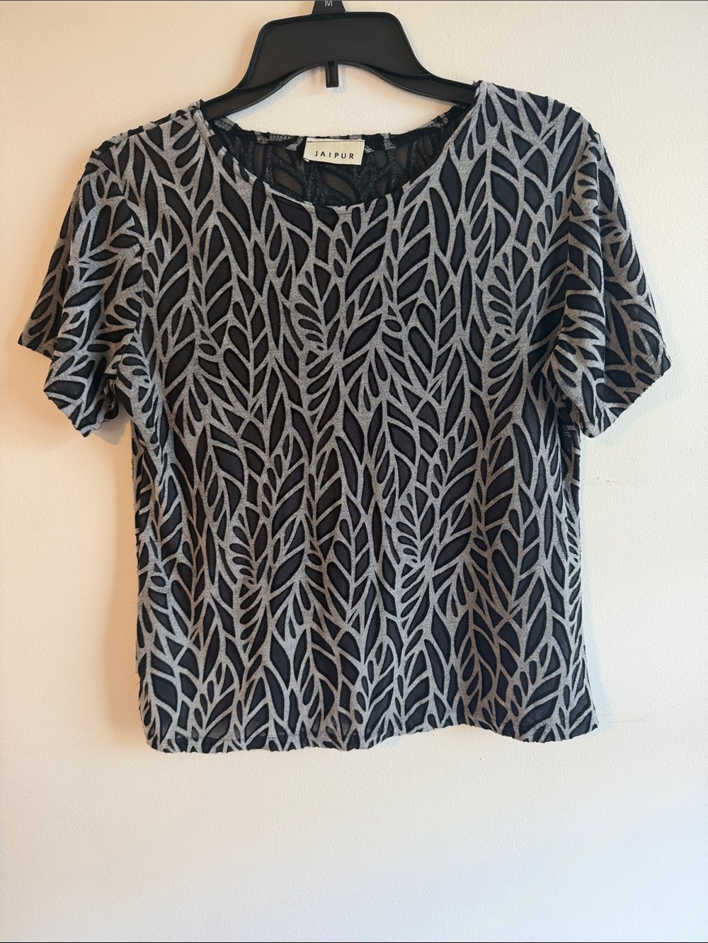 Jaipur Black Top with Sheer Gray Leaf Motif - Short Sleeve
